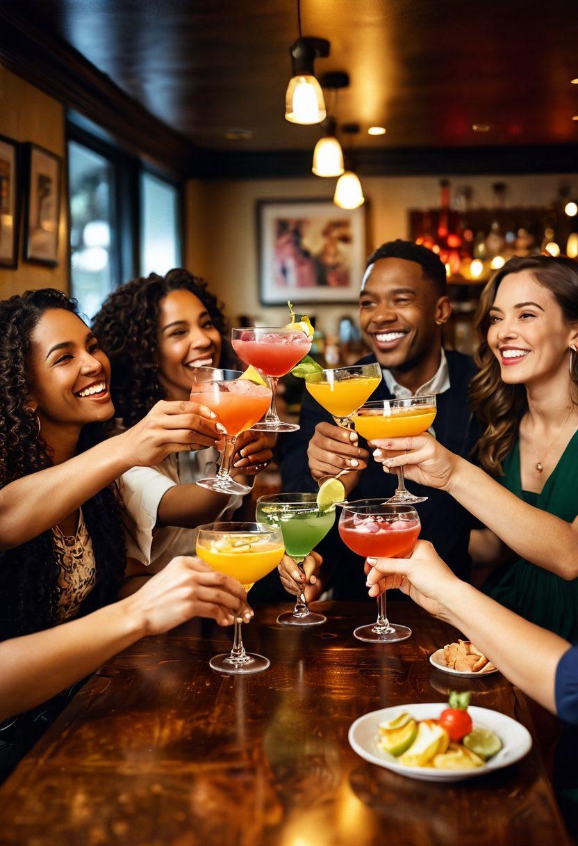 A lively scene showcasing a group of diverse friends clinking glasses filled with colorful cocktails in a cozy bar setting, marked by warm lighting and cheerful decorations. Include details like laughter, smiles, and the ambiance of joy and connection among the friends, with some appetizers on the table. Capture the essence of celebration and togetherness. vibrant colors. super-realistic. cozy atmosphere.
