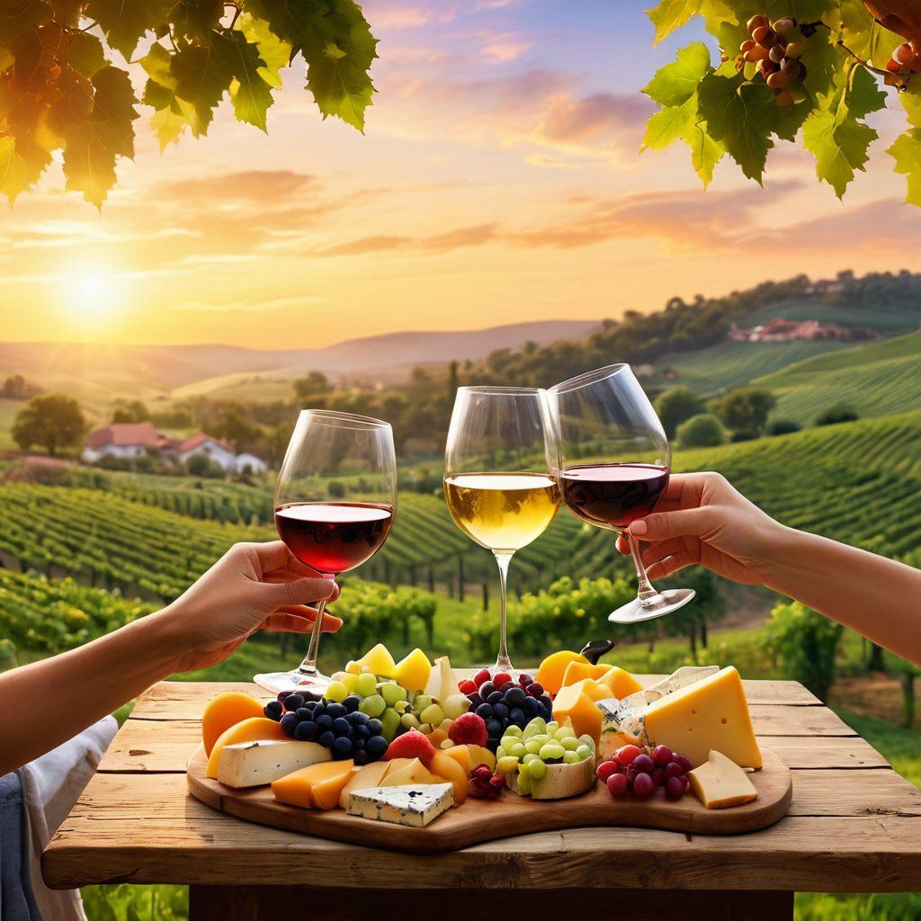 A cheerful gathering of diverse friends clinking glasses of wine, surrounded by lush vineyards and a vibrant sunset. Include a rustic wooden table adorned with gourmet cheeses and fruits, evoking a festive atmosphere. The background captures the essence of a delightful vineyard adventure, with rolling hills and a warm, inviting glow. super-realistic. vibrant colors. warm ambiance.