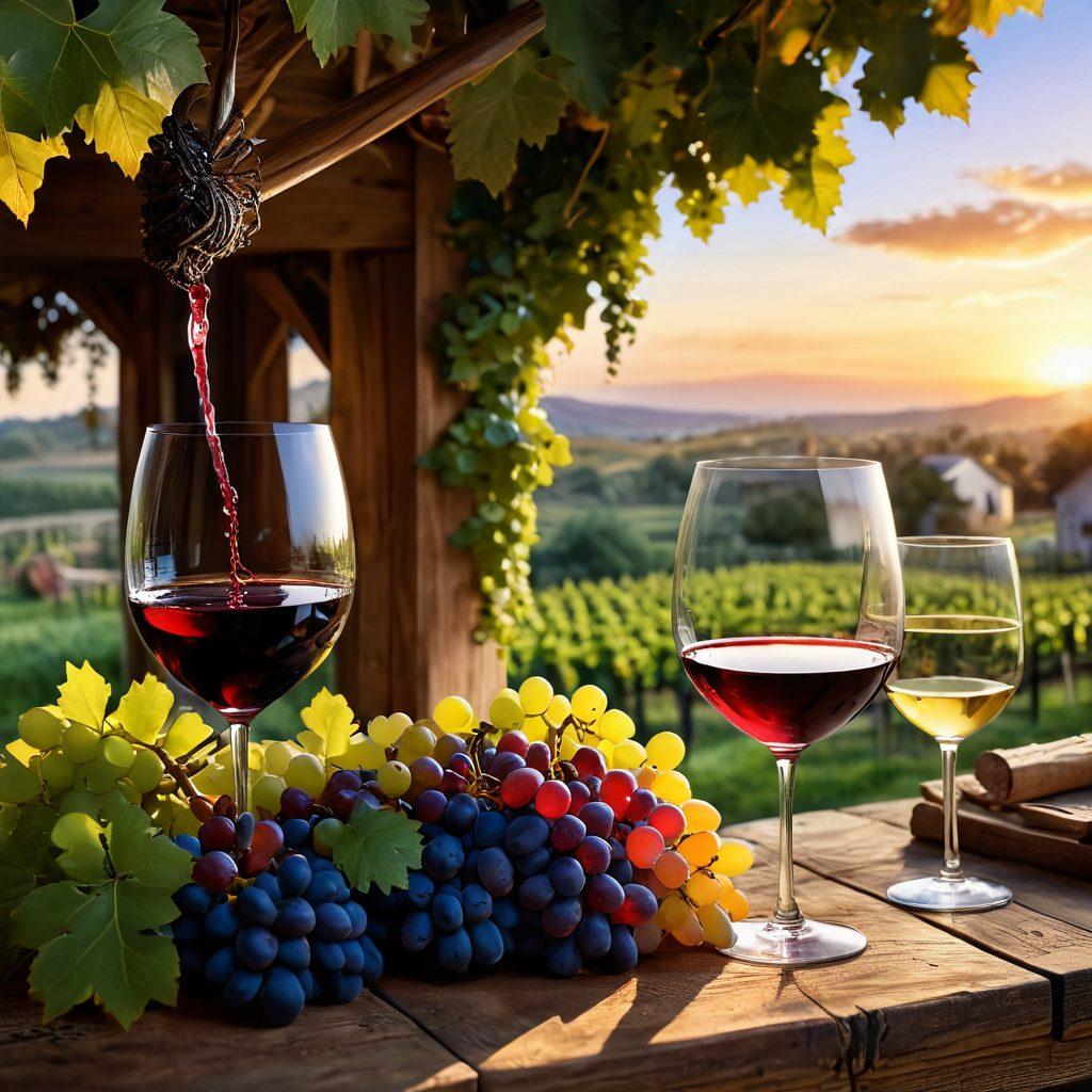 A picturesque vineyard at sunset, with ripe grapes hanging from the lush vines and a rustic winery in the background. A glass of wine sits on a wooden table, reflecting warm light, surrounded by joyous people clinking glasses and sharing laughter. The scene should evoke a sense of celebration and craftsmanship involved in winemaking. super-realistic. vibrant colors. warm lighting.